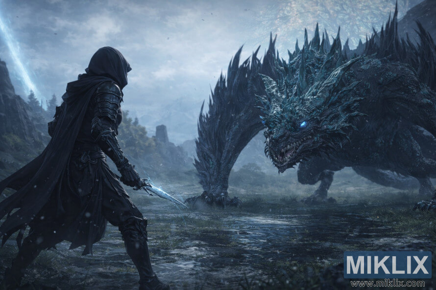 Fan art in stile anime che mostra l'armatura Tarnished in Black Knife mentre affronta frontalmente il Drago di Pietralucente Smarag nelle pianure allagate di Liurnia dei Laghi, pochi istanti prima del combattimento.