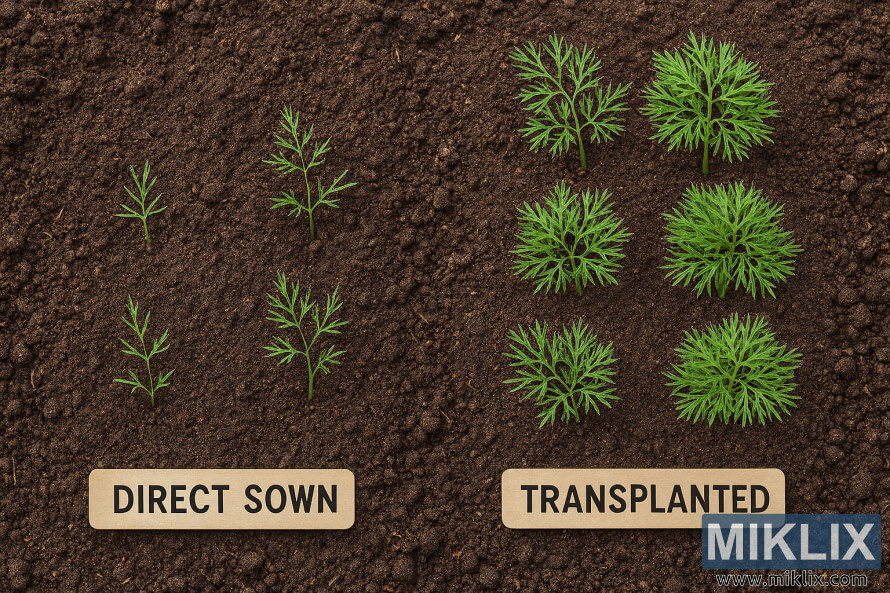 Comparaison cÃ´te Ã  cÃ´te des semis dâaneth semÃ©s directement et transplantÃ©s, montrant des diffÃ©rences de croissance dans le sol