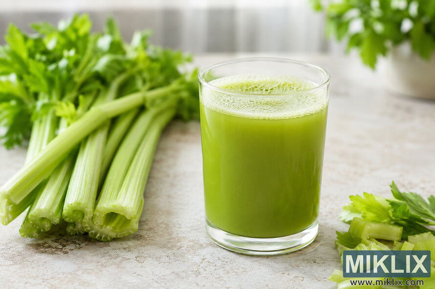 A glass of vibrant green celery juice sits on a light stone countertop beside fresh celery stalks and chopped celery pieces, illuminated by soft natural light in a bright kitchen setting.