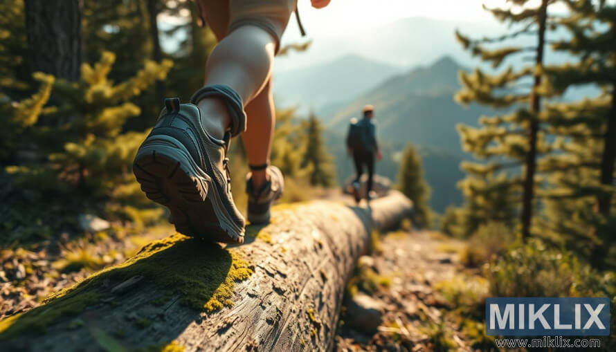 Hiker ing trek gunung sing disinari srengenge mlaku liwat log lumut kanthi pucuk ing kadohan. Hiker ing trek gunung sing disinari srengenge mlaku liwat log lumut kanthi pucuk ing kadohan.