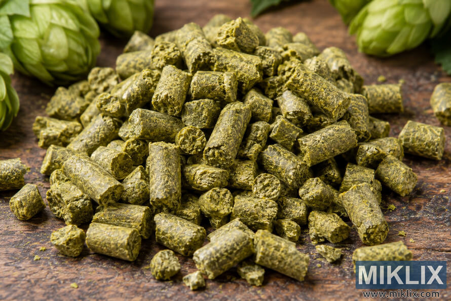 Macro close-up of green compressed hop pellets piled on a rustic dark wooden surface, with fresh hop cones softly blurred in the background. Macro close-up of green compressed hop pellets piled on a rustic dark wooden surface, with fresh hop cones softly blurred in the background.