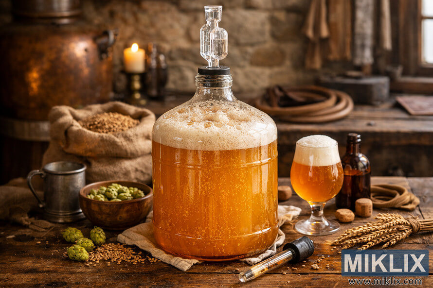 A glass carboy filled with fermenting Belgian Saison sits on a rustic wooden table surrounded by hops, barley, and brewing tools in a traditional Belgian homebrewing environment. A glass carboy filled with fermenting Belgian Saison sits on a rustic wooden table surrounded by hops, barley, and brewing tools in a traditional Belgian homebrewing environment.