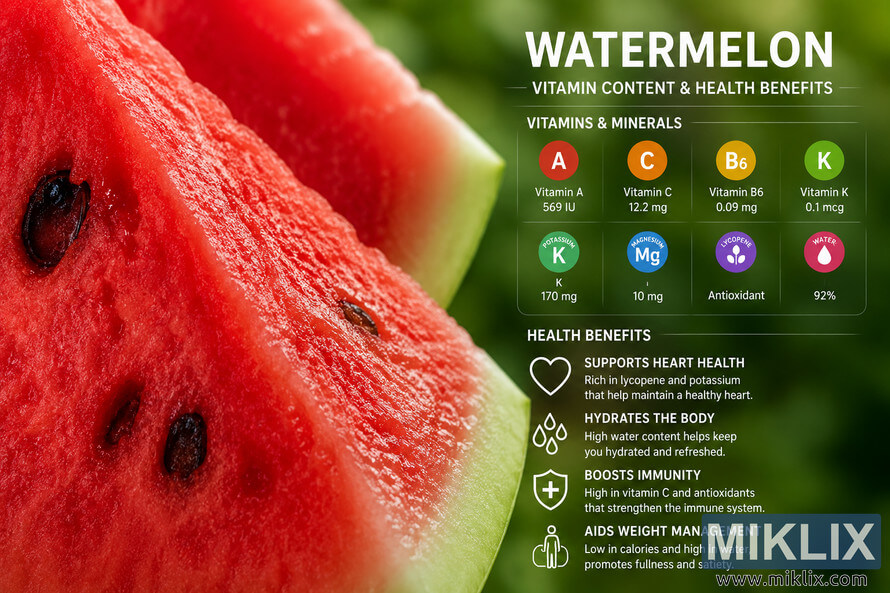 A landscape-oriented infographic-style close-up of fresh watermelon flesh with visible black seeds and vibrant red texture. The left side features a highly detailed macro view of sliced watermelon, while the right side presents a clean nutritional panel showing vitamins, minerals, antioxidant content, water percentage, and illustrated health benefits including heart health, hydration, immunity support, and weight management. The background is softly blurred green foliage, creating a fresh and healthy appearance. A landscape-oriented infographic-style close-up of fresh watermelon flesh with visible black seeds and vibrant red texture. The left side features a highly detailed macro view of sliced watermelon, while the right side presents a clean nutritional panel showing vitamins, minerals, antioxidant content, water percentage, and illustrated health benefits including heart health, hydration, immunity support, and weight management. The background is softly blurred green foliage, creating a fresh and healthy appearance.
