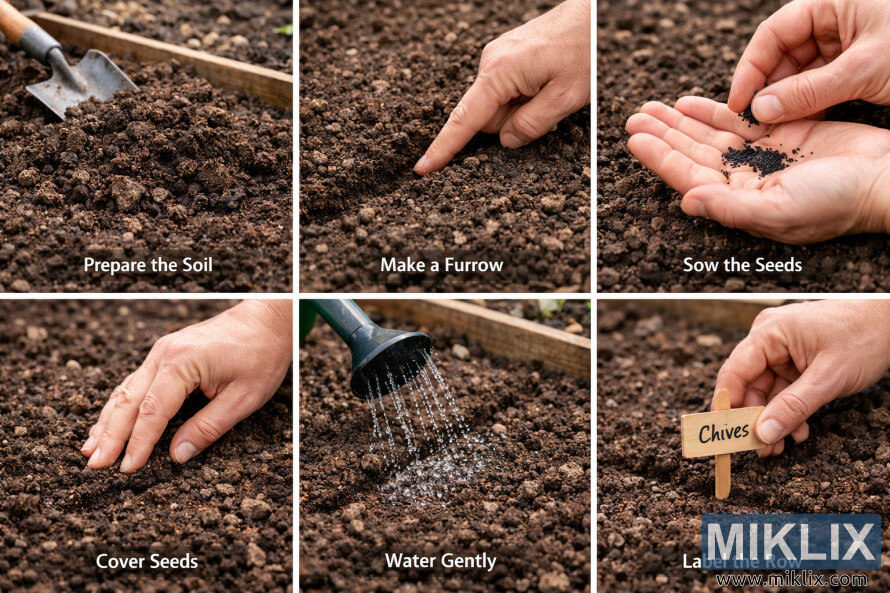 Umhlahlandlela obonakalayo onezinyathelo eziyisithupha obonisa indlela yokulungisa inhlabathi, ukuhlwanyela imbewu ye-chive, ukuchelela kancane, bese ulebula umugqa wengadi. Umhlahlandlela obonakalayo onezinyathelo eziyisithupha obonisa indlela yokulungisa inhlabathi, ukuhlwanyela imbewu ye-chive, ukuchelela kancane, bese ulebula umugqa wengadi.