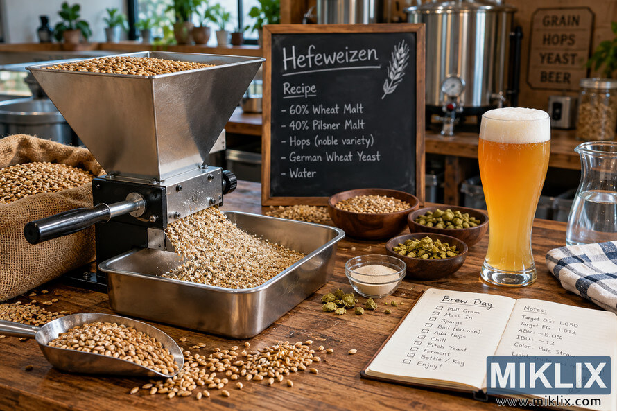 Landscape photo of a rustic homebrewing setup with a metal grain mill crushing wheat and barley into a tray, surrounded by whole grain, hops, yeast, a handwritten hefeweizen recipe board, brewing equipment, an open brew-day notebook, water, and a tall glass of hazy golden wheat beer. Landscape photo of a rustic homebrewing setup with a metal grain mill crushing wheat and barley into a tray, surrounded by whole grain, hops, yeast, a handwritten hefeweizen recipe board, brewing equipment, an open brew-day notebook, water, and a tall glass of hazy golden wheat beer.