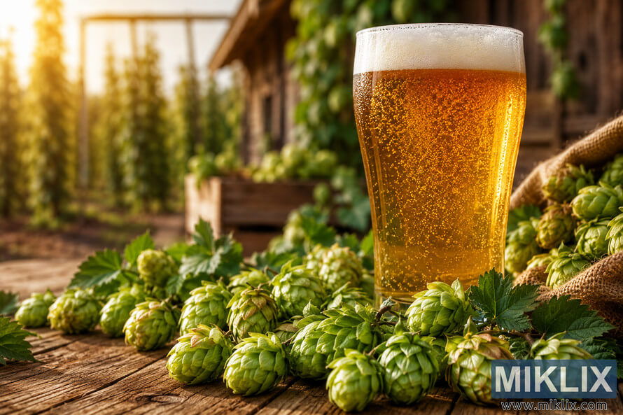 Landscape illustration showing vibrant green hop cones with yellow tips scattered across a rustic wooden table beside a sparkling glass of golden pale ale. A softly blurred hop farm in warm sunlight forms the background, with shallow depth of field highlighting the detailed textures of the hops and the clarity of the beer.