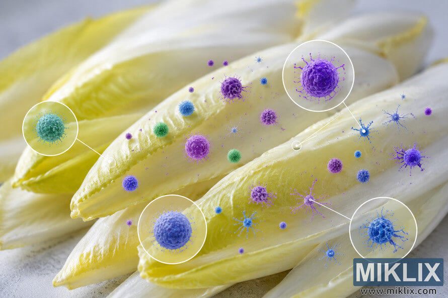Close-up landscape illustration of pale yellow endive leaves with colorful translucent immune system cells and microscopic biological particles overlaid across the surface, creating a futuristic health and nutrition concept. Close-up landscape illustration of pale yellow endive leaves with colorful translucent immune system cells and microscopic biological particles overlaid across the surface, creating a futuristic health and nutrition concept.