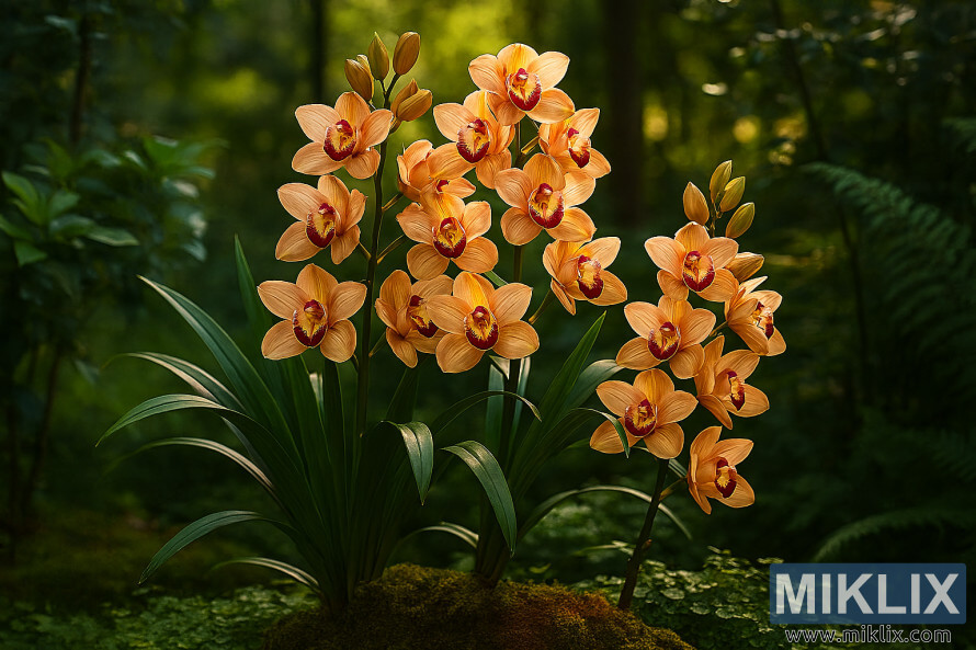OrchidÃ©es Cymbidium couleur pÃªche fleurissant sur de hautes pointes florales dans un jardin baignÃ© de soleil avec un feuillage vert luxuriant