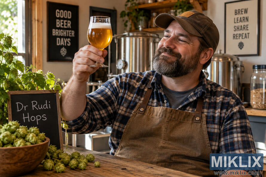 Homebrewer in a rustic brewing room smiling as he holds up a glass of golden-amber beer, surrounded by stainless brewing vessels, fresh green hops, and a chalkboard labeled Dr Rudi Hops. Homebrewer in a rustic brewing room smiling as he holds up a glass of golden-amber beer, surrounded by stainless brewing vessels, fresh green hops, and a chalkboard labeled Dr Rudi Hops.