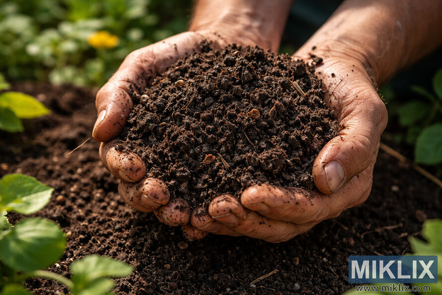 Close-up of weathered hands gently holding dark, nutrient-rich garden soil with visible organic matter and texture in a sunlit garden. Close-up of weathered hands gently holding dark, nutrient-rich garden soil with visible organic matter and texture in a sunlit garden.