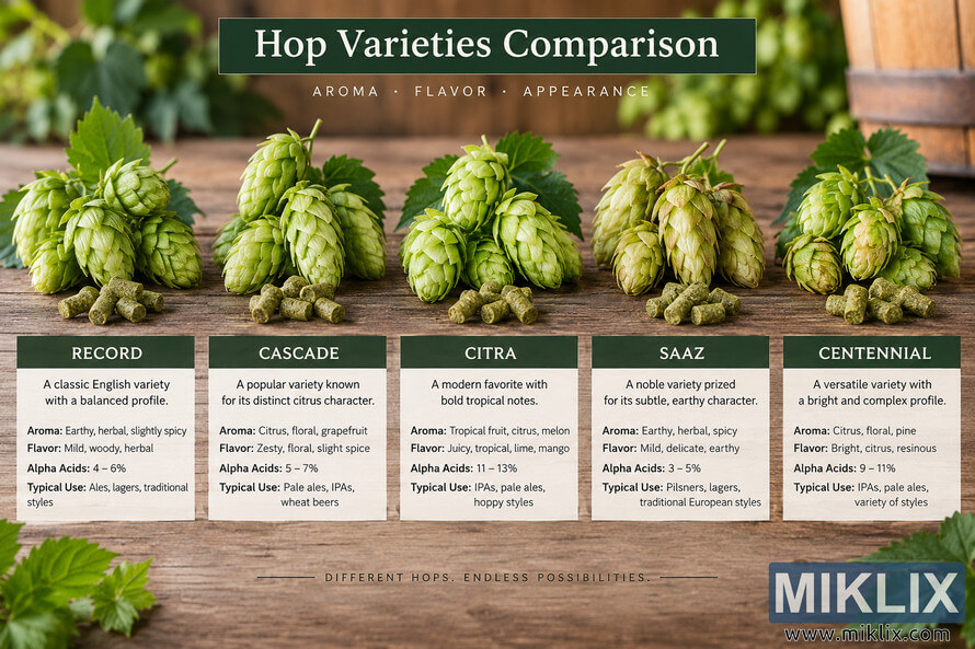 Landscape infographic showing Record, Cascade, Citra, Saaz, and Centennial hops side by side on a rustic wooden table, with fresh hop cones, leaves, pellets, and comparison panels describing aroma, flavor, alpha acids, and typical brewing uses. Landscape infographic showing Record, Cascade, Citra, Saaz, and Centennial hops side by side on a rustic wooden table, with fresh hop cones, leaves, pellets, and comparison panels describing aroma, flavor, alpha acids, and typical brewing uses.