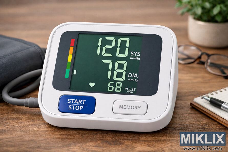 A digital blood pressure monitor on a wooden surface showing a healthy reading of 120 over 78 with a pulse of 68.
