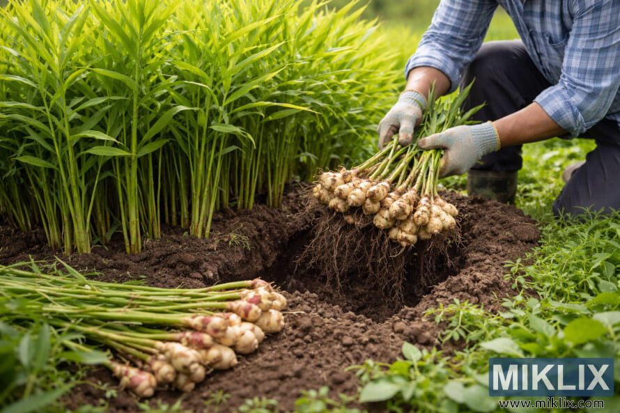Een boer oogst selectief de rijpe gemberwortelstokken van een veld, terwijl hij de gezonde gemberplanten in de grond laat staan. Een boer oogst selectief de rijpe gemberwortelstokken van een veld, terwijl hij de gezonde gemberplanten in de grond laat staan.