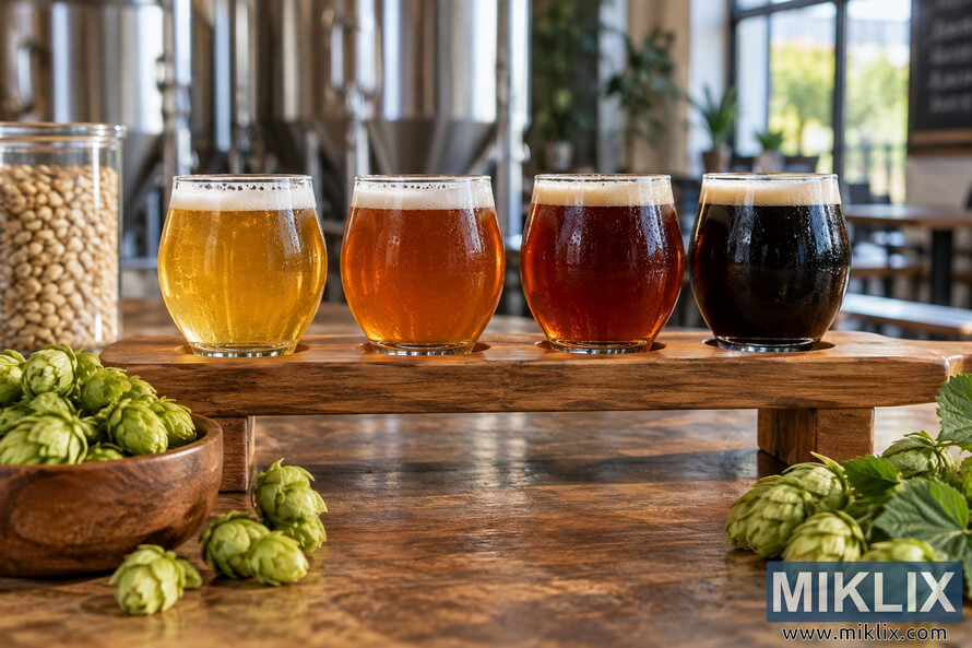 Landscape photo of four craft beer samples ranging from golden to dark brown on a rustic wooden tasting flight, surrounded by fresh green hops in a warm brewery setting with mountains visible through the windows.