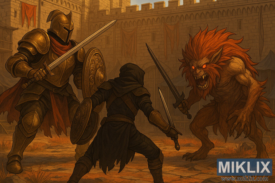 Anime-style fan art of the Tarnished battling Crucible Knight and Misbegotten Warrior in Redmane Castle