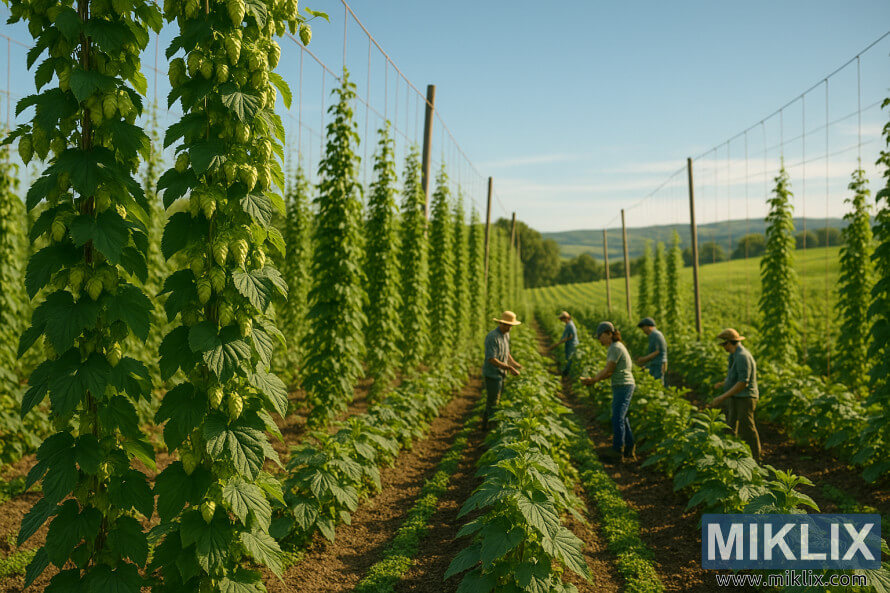 Boeren verzorgen weelderige hopranken onder het gouden zonlicht op glooiende heuvels.