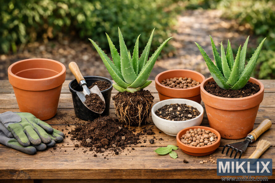 Processo passo a passo de replantio de uma planta de aloe vera, mostrado sobre uma mesa de madeira com vasos, terra, ferramentas e a planta antes e depois do replantio. Processo passo a passo de replantio de uma planta de aloe vera, mostrado sobre uma mesa de madeira com vasos, terra, ferramentas e a planta antes e depois do replantio.