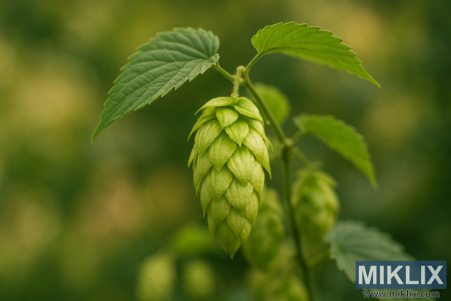 Kusa da koren hop mazugi tare da haske a hankali tare da bangon lambun mara kyau.