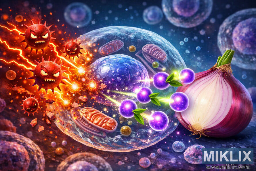 Scientific cellular illustration showing glowing shallot-derived antioxidant molecules neutralizing red spiked free radicals attacking a large semi-transparent cell, with a sliced purple-and-white shallot and green sprout on the right and contrasting warm red tones on the left and cool blue and purple tones on the right.