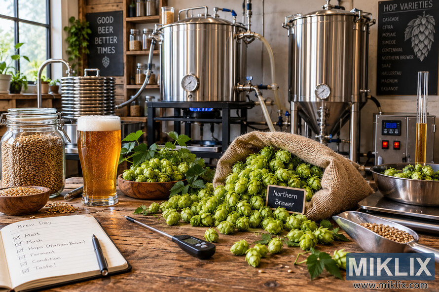 Landscape view of an advanced homebrew workshop with stainless-steel kettles and fermenters, fresh Northern Brewer hop cones spilling from a burlap sack, brewing grain, a glass of golden beer, measuring tools, and brewing notes on a rustic wooden table.