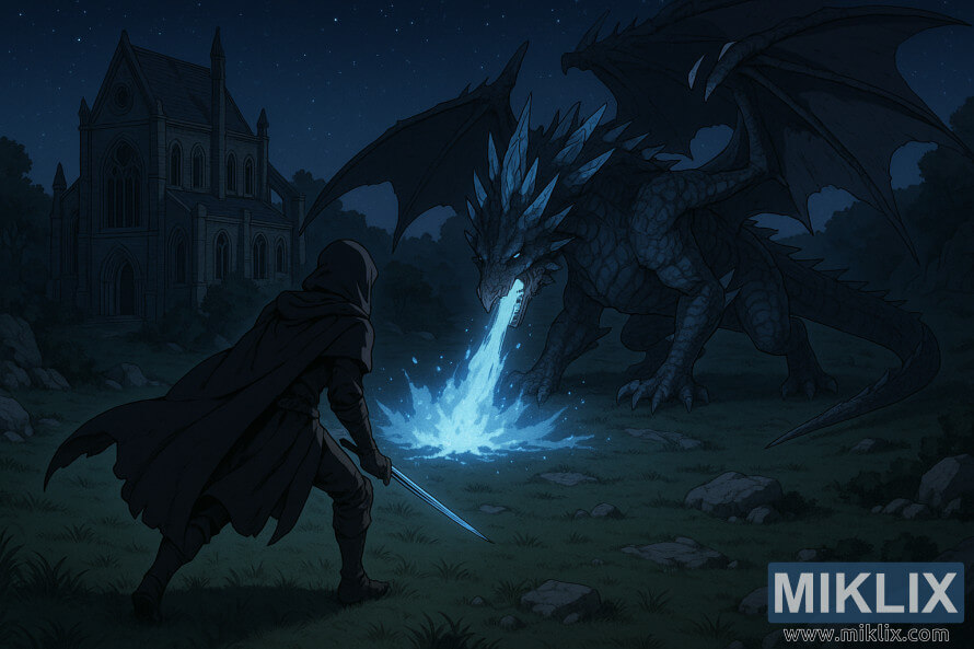 Isometric na tanawing istilong anime ng baluti na may Tarnished in Black Knife na makikita mula sa likuran, na nakaharap sa Glintstone Dragon na si Adula habang naglalabas ito ng mahika ng asul na glintstone malapit sa Katedral ng Manus Celes sa gabi.