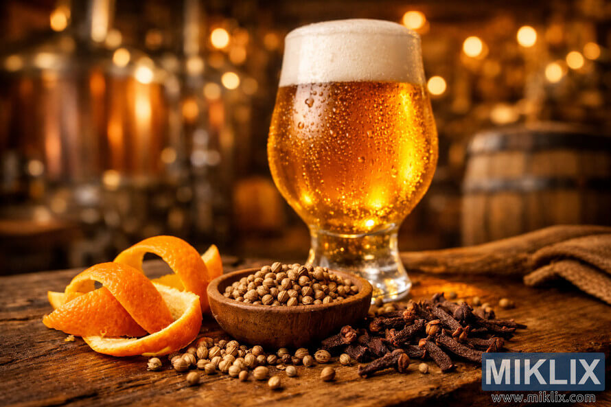 Close-up artistic photograph of Belgian-style ale ingredients on a rustic wooden surface, featuring bright orange peel curls, a small wooden bowl filled with coriander seeds, and scattered dark brown cloves in sharp focus. Slightly behind them, a tulip-shaped glass of golden Belgian ale with a frothy white head and condensation droplets glows in warm ambient light. In the softly blurred background, large fermentation vessels and a wooden barrel are visible in a cozy brewery setting, illuminated by warm hanging lights. The image uses a slightly tilted angle, shallow depth of field, and soft, warm tones to evoke the complex flavor profile and inviting atmosphere of brewing with Belgian-style yeast. Close-up artistic photograph of Belgian-style ale ingredients on a rustic wooden surface, featuring bright orange peel curls, a small wooden bowl filled with coriander seeds, and scattered dark brown cloves in sharp focus. Slightly behind them, a tulip-shaped glass of golden Belgian ale with a frothy white head and condensation droplets glows in warm ambient light. In the softly blurred background, large fermentation vessels and a wooden barrel are visible in a cozy brewery setting, illuminated by warm hanging lights. The image uses a slightly tilted angle, shallow depth of field, and soft, warm tones to evoke the complex flavor profile and inviting atmosphere of brewing with Belgian-style yeast.
