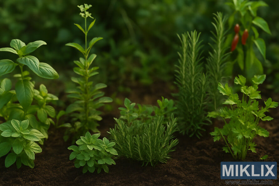 Бујна баштенска гредица испуњена разним биљем и зачинским биљкама које расту у богатом земљишту под меком дневном светлошћу.