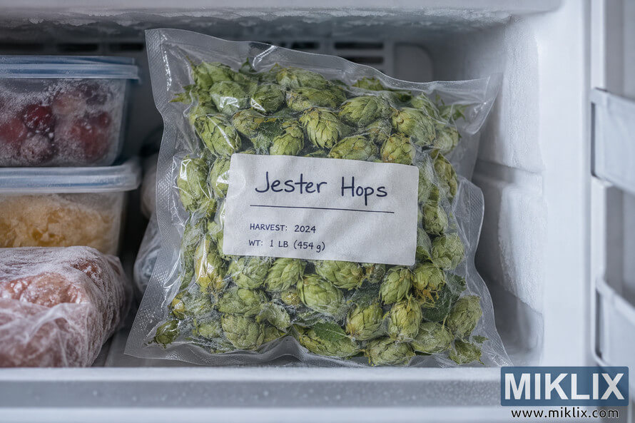 Vacuum-sealed bag of green Jester hop cones with a simple handwritten label, stored upright inside a frosty freezer beside unbranded frozen food containers. Vacuum-sealed bag of green Jester hop cones with a simple handwritten label, stored upright inside a frosty freezer beside unbranded frozen food containers.