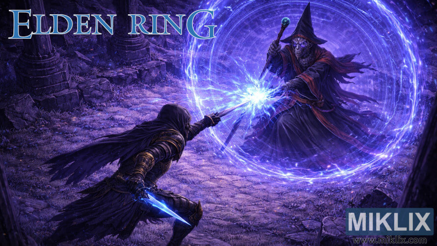 Elden Ring fan art of Black Knife assassin battling Battlemage Hugues in Sellia Evergaol