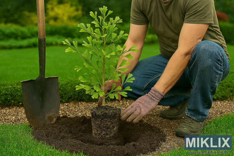 Jardinier plantant un jeune ginkgo dans un jardin, dÃ©montrant les bonnes techniques horticoles