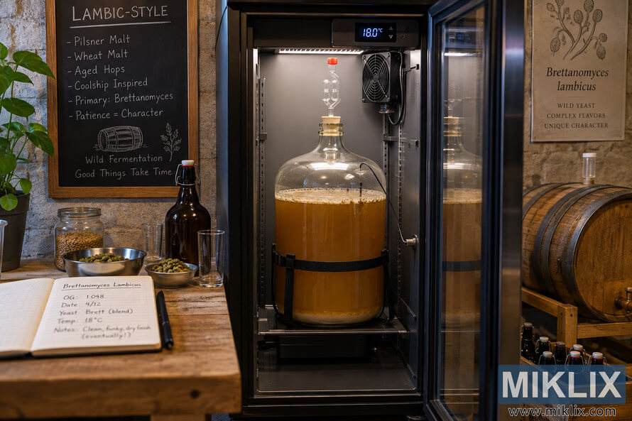 Glass carboy of amber beer fermenting at 18°C in a temperature-controlled chamber, surrounded by homebrewing ingredients, notes, bottles, and a wooden barrel. Glass carboy of amber beer fermenting at 18°C in a temperature-controlled chamber, surrounded by homebrewing ingredients, notes, bottles, and a wooden barrel.