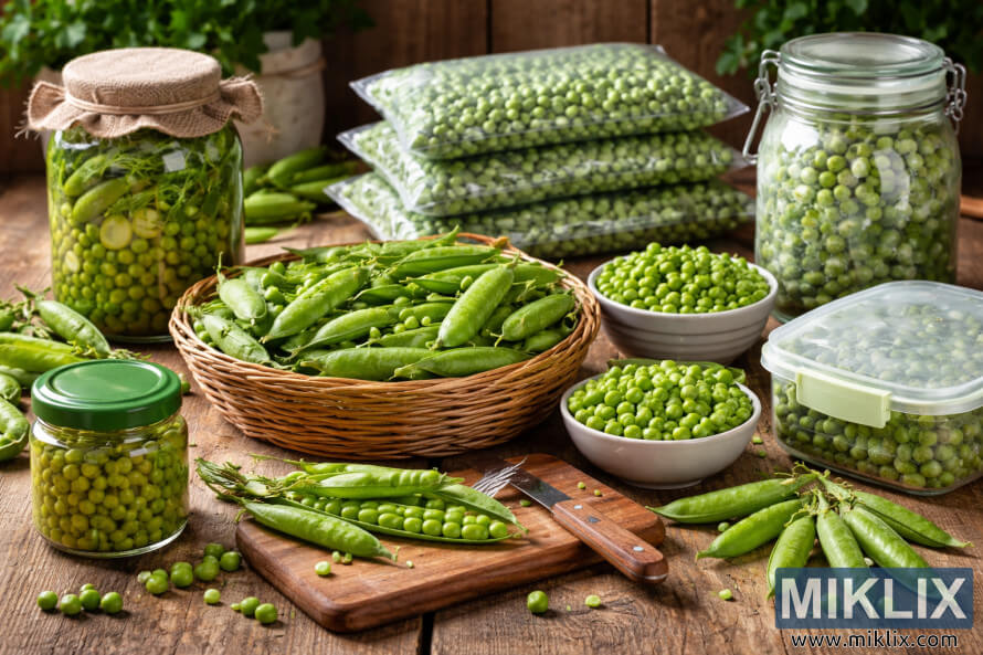 High-resolution image showing fresh peas stored in jars, vacuum-sealed bags, plastic containers, and bowls on a rustic wooden table. High-resolution image showing fresh peas stored in jars, vacuum-sealed bags, plastic containers, and bowls on a rustic wooden table.