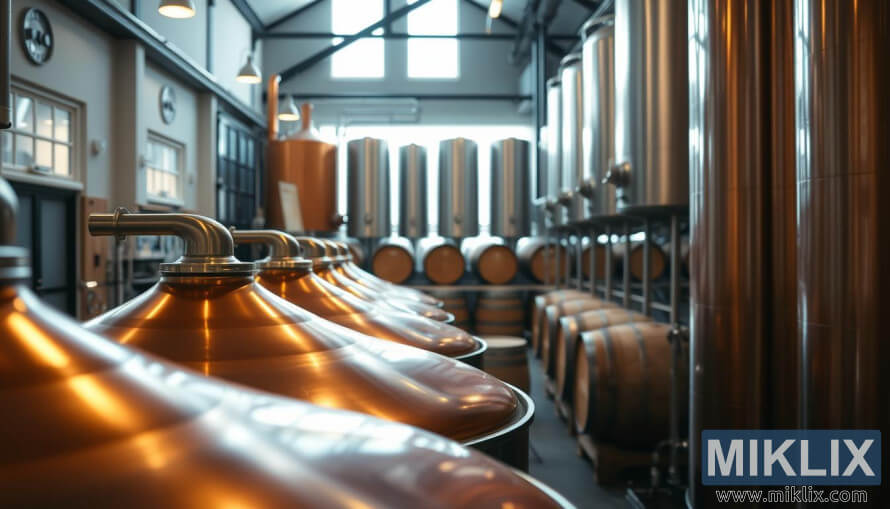 UnutraÅ¡njost pivare s bakrenim kotlovima, drvenim baÄvama i visokim tankovima za fermentaciju pod toplim osvjetljenjem. UnutraÅ¡njost pivare s bakrenim kotlovima, drvenim baÄvama i visokim tankovima za fermentaciju pod toplim osvjetljenjem.