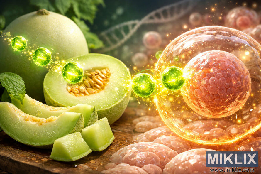 Digitally created landscape image showing ripe honeydew melon on the left and a magnified human skin cell on the right. Glowing green spheres representing antioxidants emerge from the melon slices and travel toward the skin cell, leaving sparkling trails of light. The large pinkish skin cell has a golden nucleus and a protective glowing barrier, with antioxidant spheres attaching to it and emitting bright golden sparks. DNA strands and additional skin cells appear softly in the background, illustrating how honeydew melon antioxidants help protect skin cells from aging. Digitally created landscape image showing ripe honeydew melon on the left and a magnified human skin cell on the right. Glowing green spheres representing antioxidants emerge from the melon slices and travel toward the skin cell, leaving sparkling trails of light. The large pinkish skin cell has a golden nucleus and a protective glowing barrier, with antioxidant spheres attaching to it and emitting bright golden sparks. DNA strands and additional skin cells appear softly in the background, illustrating how honeydew melon antioxidants help protect skin cells from aging.