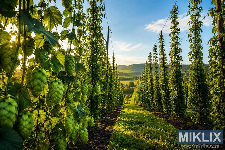 Low-angle landscape photograph of a lush Golding hop field during golden hour, featuring vibrant green hop cones hanging from tall trellises, symmetrical rows of climbing hop bines, soft sunlight filtering through the foliage, and rolling hills beneath a clear blue sky.