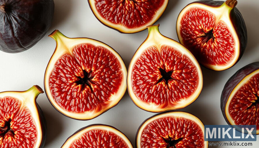 LÃ¤hikuva kypsistÃ¤ viikunoista, jotka on leikattu kahtia ja joissa nÃ¤kyy eloisan punavioletti hedelmÃ¤liha.