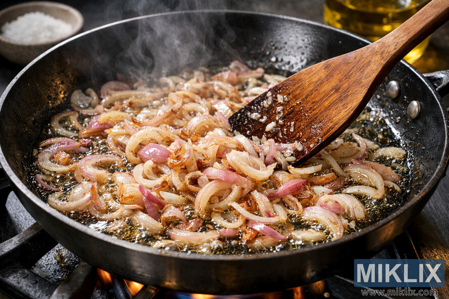 Close-up of shallots being sautÃ©ed in a stainless steel pan with a wooden spatula stirring them over medium heat, showing translucent and golden-brown slices glistening in bubbling oil.