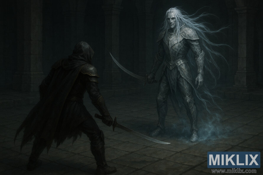 Dark fantasy scene of the Tarnished facing a taller, spectral Ancient Hero of Zamor wielding a single curved sword in an ancient stone hall.