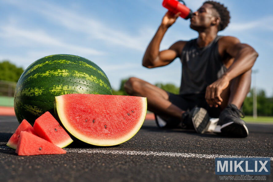 A high-resolution landscape image showing a fresh whole watermelon and sliced watermelon on an outdoor running track in the foreground, while a fit athlete in sportswear drinks water during a training break in the softly blurred background under a bright blue sky. The composition emphasizes hydration, recovery, healthy nutrition, and athletic performance without featuring any visible brands. A high-resolution landscape image showing a fresh whole watermelon and sliced watermelon on an outdoor running track in the foreground, while a fit athlete in sportswear drinks water during a training break in the softly blurred background under a bright blue sky. The composition emphasizes hydration, recovery, healthy nutrition, and athletic performance without featuring any visible brands.