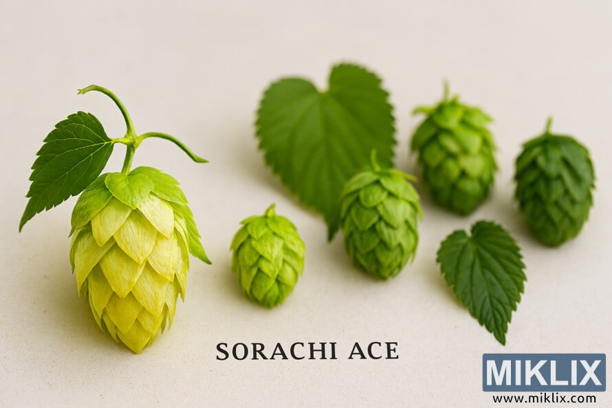 Gambar jarak dekat kon hop Sorachi Ace dan jenis hop lain yang disusun dengan latar belakang minimalis dengan pencahayaan semula jadi
