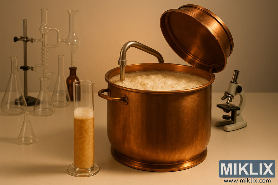 Bakar pivo Äajnik sa penom teÄnosti uz graduirani cilindar kvasca u Äistom laboratorijskom okruženju. Bakar pivo Äajnik sa penom teÄnosti uz graduirani cilindar kvasca u Äistom laboratorijskom okruženju.