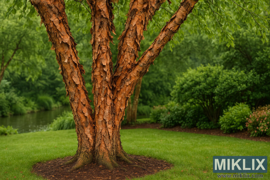 Bouleau de riviÃ¨re avec Ã©corce brun rougeÃ¢tre Ã©caillÃ©e Ã  cÃ´tÃ© dâune piÃ¨ce dâeau du jardin.