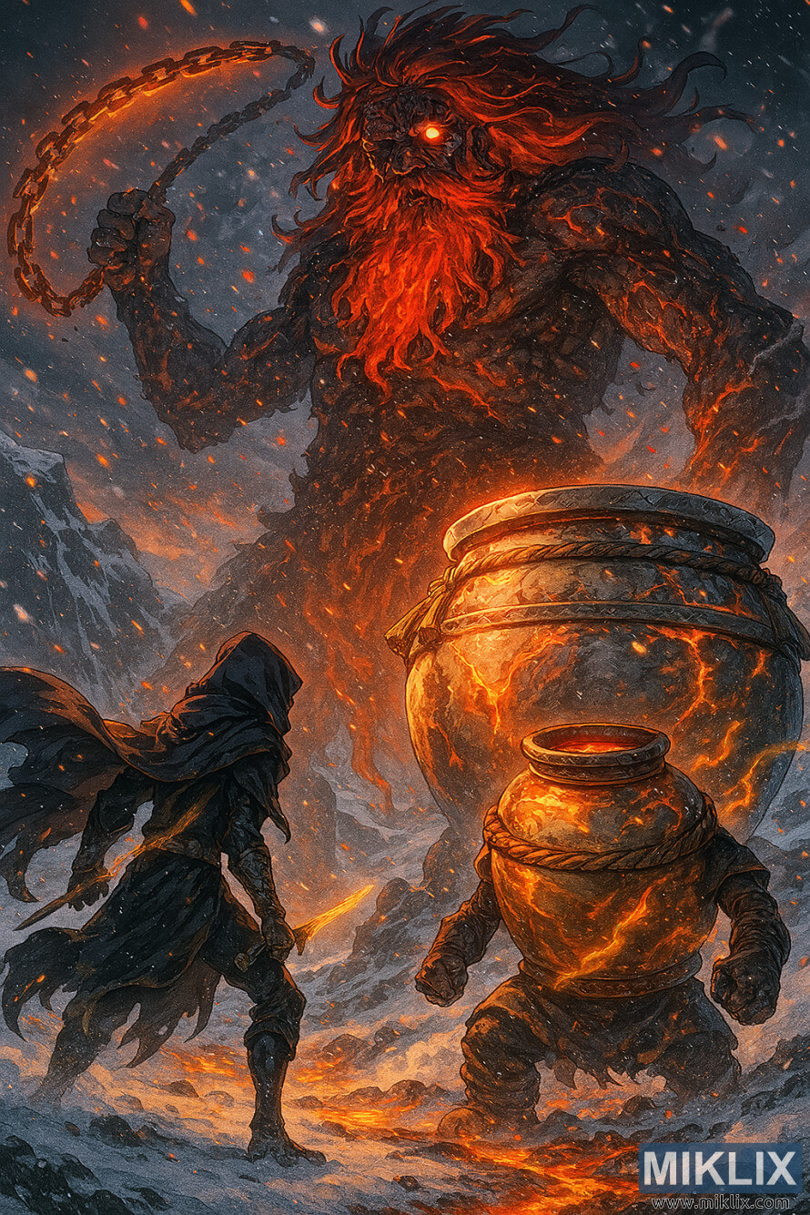 Anime-style illustration of Alexander the Warrior Jar and a Black Knife Assassin facing the towering Fire Giant in a snowy volcanic battlefield.