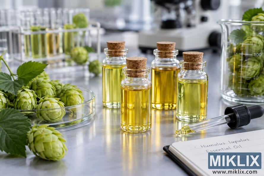Photorealistic laboratory scene with four small cork-sealed glass vials of golden hop essential oil on a stainless-steel table, surrounded by fresh green hop cones, leaves, a glass dropper, laboratory beaker, test tubes, microscope, and research notebook. Photorealistic laboratory scene with four small cork-sealed glass vials of golden hop essential oil on a stainless-steel table, surrounded by fresh green hop cones, leaves, a glass dropper, laboratory beaker, test tubes, microscope, and research notebook.