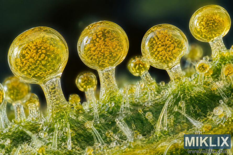 Extreme macro microscopic-style view of translucent hop lupulin glands with bulbous golden resin-filled heads on clear stalks rising from textured green plant tissue against a dark blurred background. Extreme macro microscopic-style view of translucent hop lupulin glands with bulbous golden resin-filled heads on clear stalks rising from textured green plant tissue against a dark blurred background.