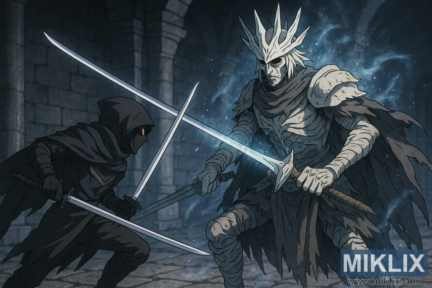 Escena de estilo anime de un asesino con Cuchillo Negro luchando contra el HÃ©roe Antiguo de Zamor con katanas gemelas en una tumba de piedra llena de escarcha.