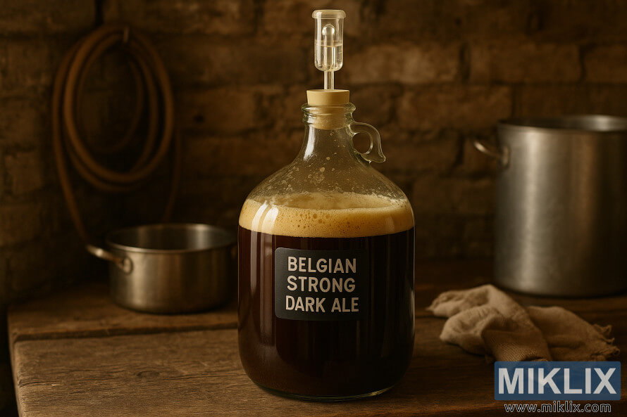 Carboy kaca menapai Belgian Strong Dark Ale di atas meja kayu desa.