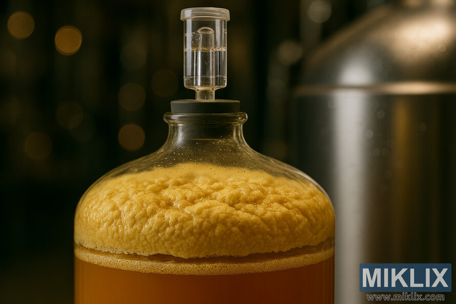 Close-up of fermenting ale yeast atop beer in a sealed glass carboy with airlock