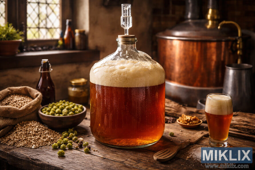 Een glazen gistingsfles gevuld met gistend amberkleurig Belgisch bier op een rustieke houten tafel, omringd door hop, gemoute gerst en koperen brouwapparatuur in een warme, traditionele thuisbrouwomgeving. Een glazen gistingsfles gevuld met gistend amberkleurig Belgisch bier op een rustieke houten tafel, omringd door hop, gemoute gerst en koperen brouwapparatuur in een warme, traditionele thuisbrouwomgeving.