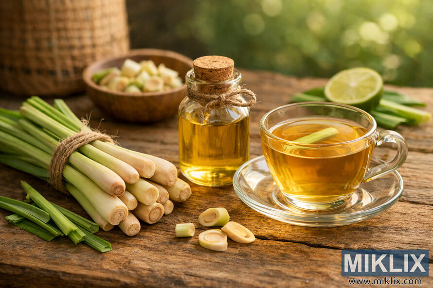 Still life photograph of fresh lemongrass stalks tied with twine, a glass bottle of golden lemongrass essential oil, a wooden bowl of sliced lemongrass, and a clear glass cup of hot lemongrass tea on a rustic wooden table, with a blurred green garden and a halved lime in the background. Still life photograph of fresh lemongrass stalks tied with twine, a glass bottle of golden lemongrass essential oil, a wooden bowl of sliced lemongrass, and a clear glass cup of hot lemongrass tea on a rustic wooden table, with a blurred green garden and a halved lime in the background.